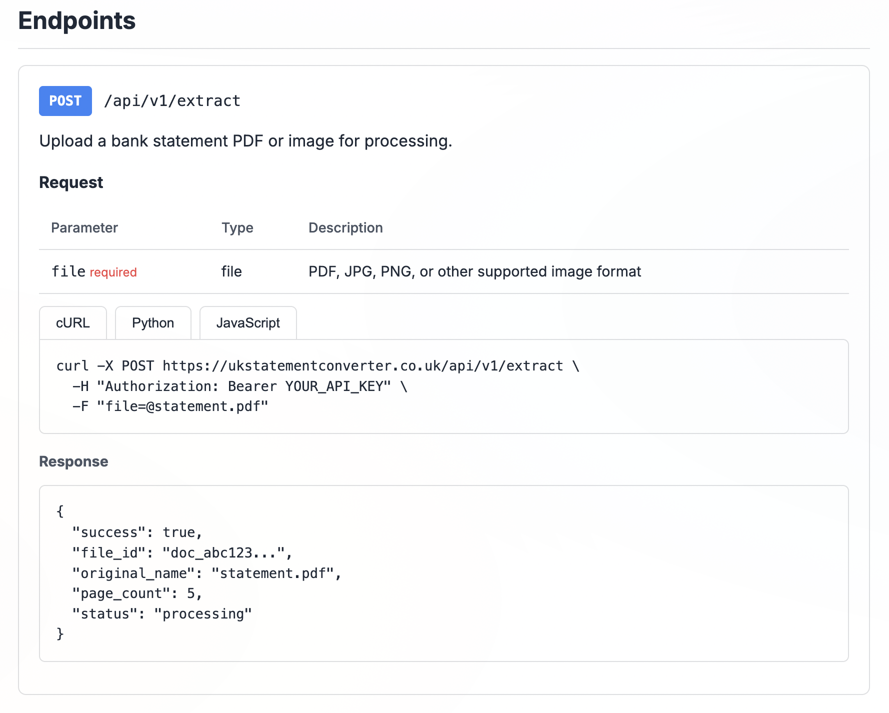 API extract response showing file_id and processing status